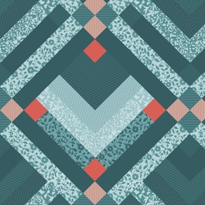 Patchwork Pattern / Cheater Quilt  in shades of teal and red  - large scale