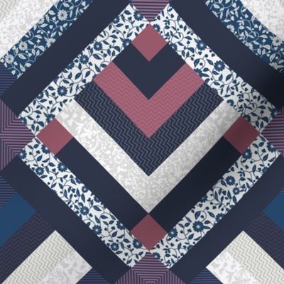 Patchwork Pattern / Cheater Quilt with blue, red, white and beige  - medium scale