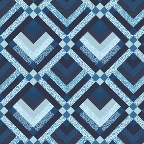 Patchwork Pattern / Cheater Quilt in shades of blue plus white  - medium scale