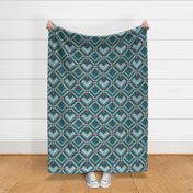 Patchwork Pattern / Cheater Quilt  in shades of teal and red  - medium scale
