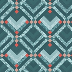 Patchwork Pattern / Cheater Quilt  in shades of teal and red  - medium scale