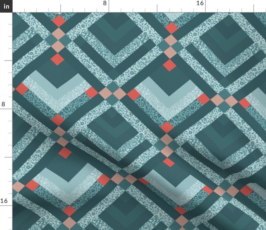 Patchwork Pattern / Cheater Quilt  in shades of teal and red  - medium scale