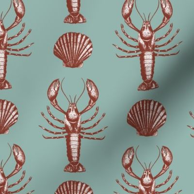 Lobster and sea shells muted green and warm red coastal toile - small scale