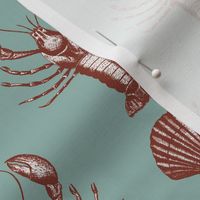 Lobster and sea shells muted green and warm red coastal toile - small scale