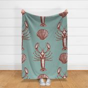 Lobster and sea shells muted green and warm red coastal toile - large scale