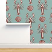 Lobster and sea shells muted green and warm red coastal toile - large scale
