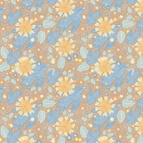 Doves and daisies on peachy beige background  (medium scale)