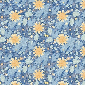 Doves and daisies in blues - medium scale