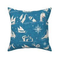 Medieval Nautical Sea Creatures Map Blue