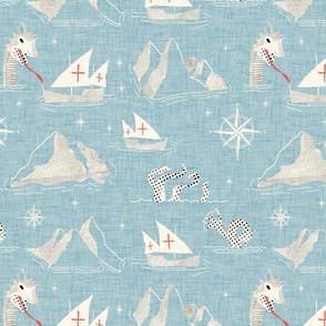 Medieval Nautical Sea Creatures Map  Baby Blue