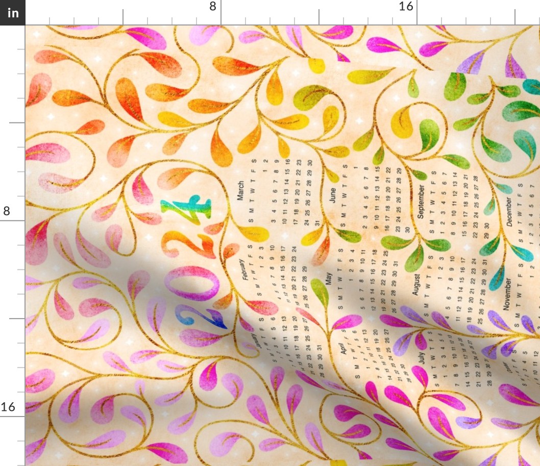 Rainbow Ombré Leaves Calendar Tea Towel 2024