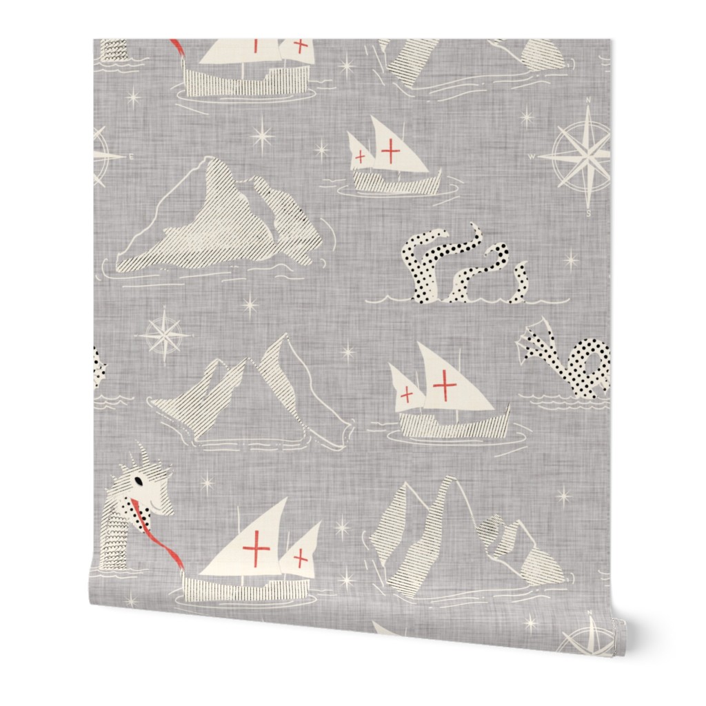 Medieval Nautical Sea Creatures Map Gray