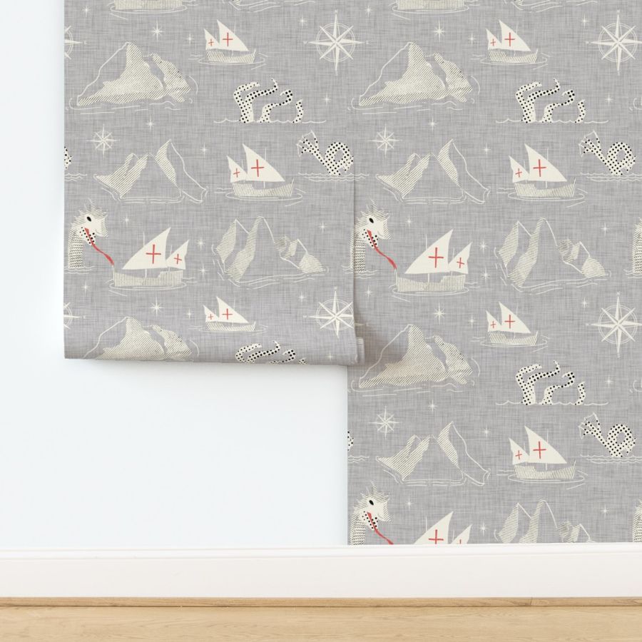 Medieval Nautical Sea Creatures Map Gray