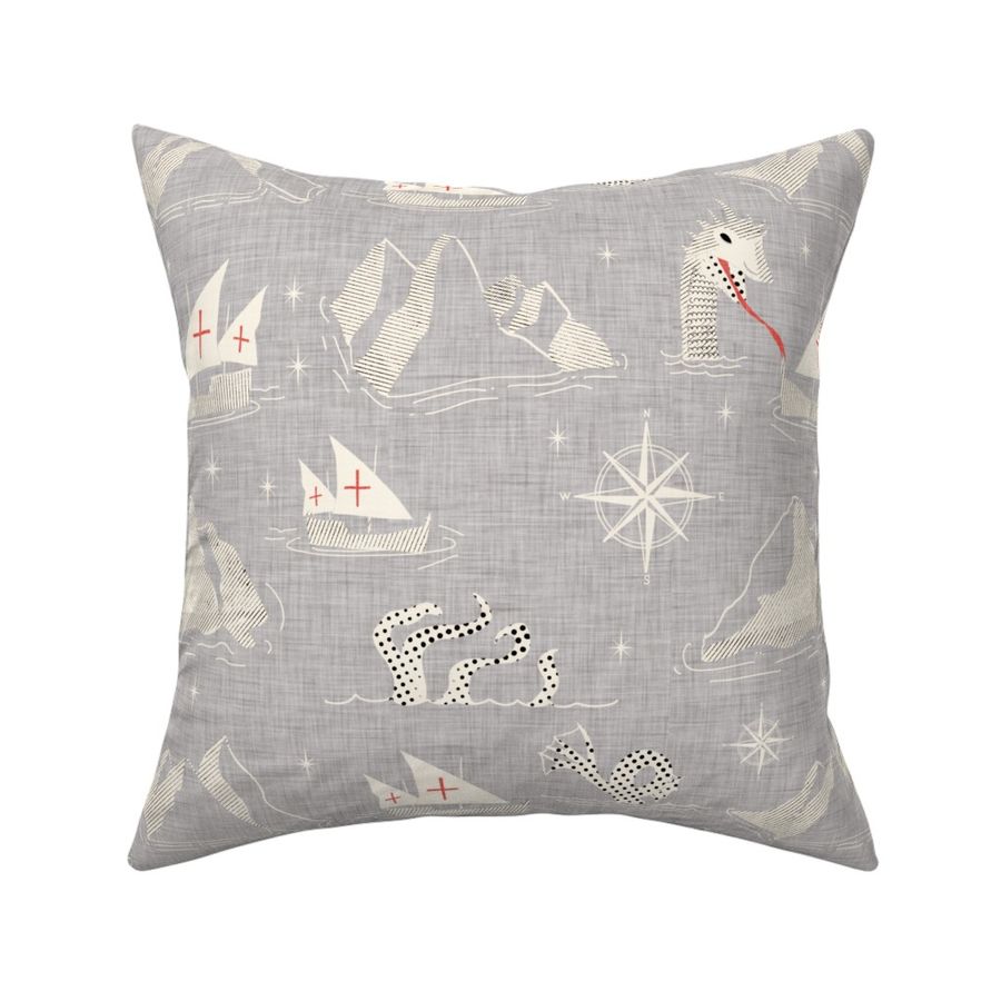 Medieval Nautical Sea Creatures Map Gray