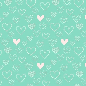 Hand Drawn Doodle Hearts in Aqua - Large Scale