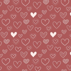 Hand Drawn Doodle Hearts in Brown Red - Large Scale
