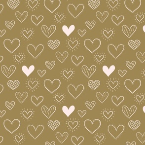 Hand Drawn Doodle Hearts in Dark Gold - Large Scale