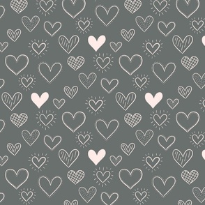 Hand Drawn Doodle Hearts in Dark Gray - Large Scale