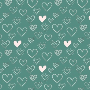 Hand Drawn Doodle Hearts in Dark Teal - Large Scale