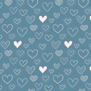 Hand Drawn Doodle Hearts in Dusty Blue - Large Scale