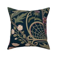 Art Nouveau Poppies - dark and moody damask with hellebore, roses, artichoke flower and milk thistle - olive green, pink and gold on navy - jumbo