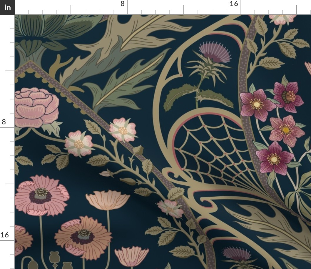 Art Nouveau Poppies - dark and moody damask with hellebore, roses, artichoke flower and milk thistle - olive green, pink and gold on navy - jumbo