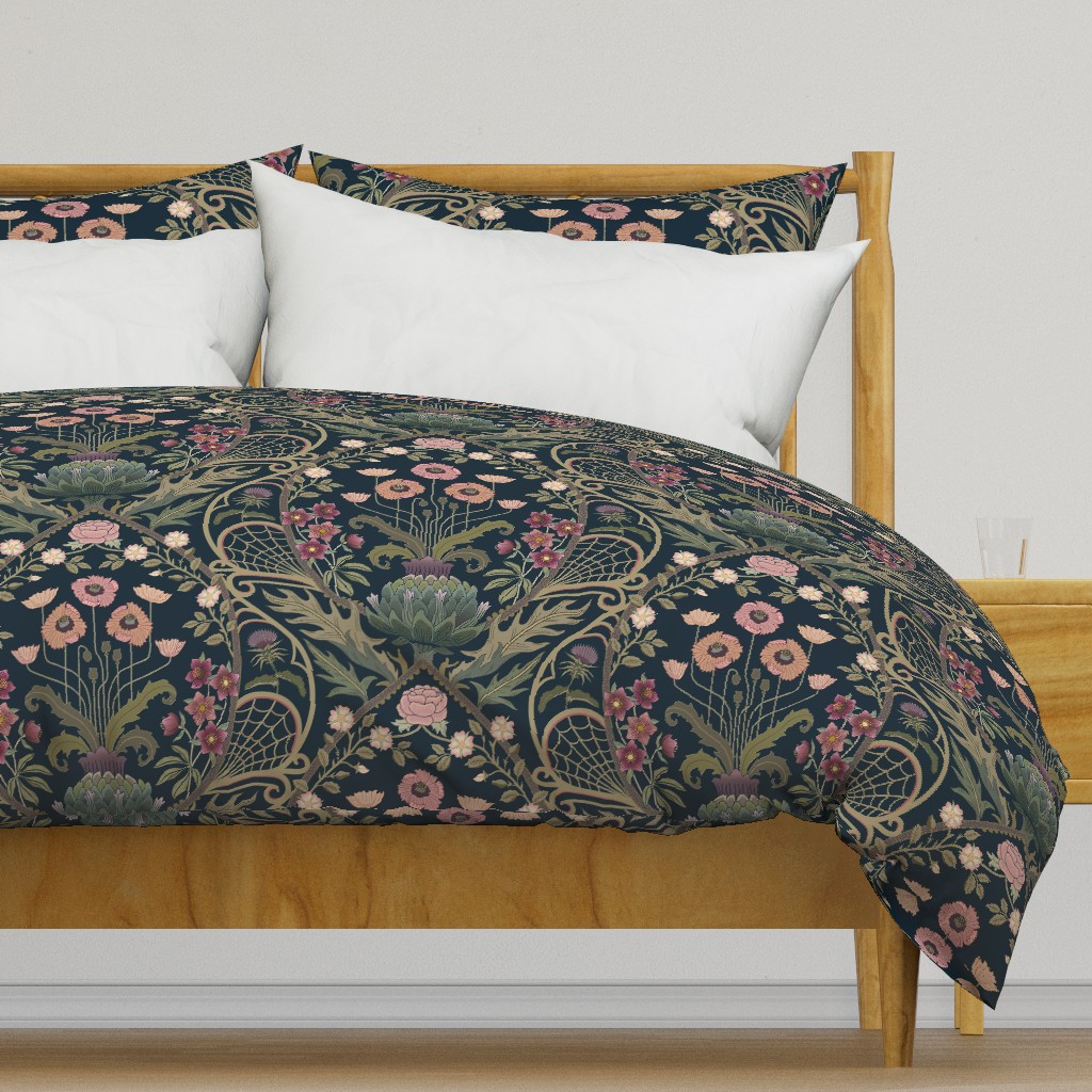 Art Nouveau Poppies - dark and moody damask with hellebore, roses, artichoke flower and milk thistle - olive green, pink and gold on navy - extra large