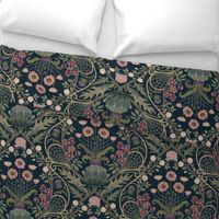 Art Nouveau Poppies - dark and moody damask with hellebore, roses, artichoke flower and milk thistle - olive green, pink and gold on navy - extra large