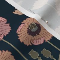 Art Nouveau Poppies - dark and moody damask with hellebore, roses, artichoke flower and milk thistle - olive green, pink and gold on navy - extra large