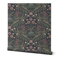 Art Nouveau Poppies - dark and moody damask with hellebore, roses, artichoke flower and milk thistle - olive green, pink and gold on navy - extra large