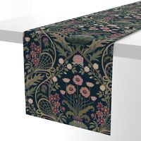 Art Nouveau Poppies - dark and moody damask with hellebore, roses, artichoke flower and milk thistle - olive green, pink and gold on navy -large