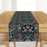 Art Nouveau Poppies - dark and moody damask with hellebore, roses, artichoke flower and milk thistle - olive green, pink and gold on navy -large