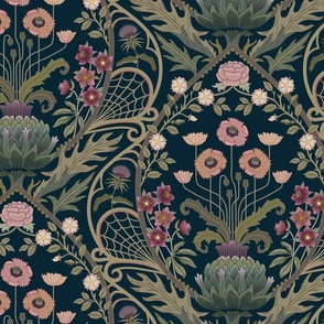 Art Nouveau Poppies - dark and moody damask with hellebore, roses, artichoke flower and milk thistle - olive green, pink and gold on navy -large
