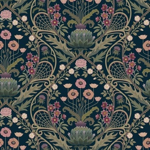 Art Nouveau Poppies - dark and moody damask with hellebore, roses, artichoke flower and milk thistle - olive green, pink and gold on navy - medium