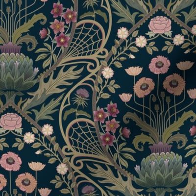 Art Nouveau Poppies - dark and moody damask with hellebore, roses, artichoke flower and milk thistle - olive green, pink and gold on navy - small
