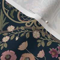 Art Nouveau Poppies - dark and moody damask with hellebore, roses, artichoke flower and milk thistle - olive green, pink and gold on navy - small