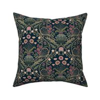 Art Nouveau Poppies - dark and moody damask with hellebore, roses, artichoke flower and milk thistle - olive green, pink and gold on navy - small