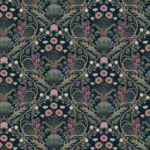 Art Nouveau Poppies - dark and moody damask with hellebore, roses, artichoke flower and milk thistle - olive green, pink and gold on navy - small