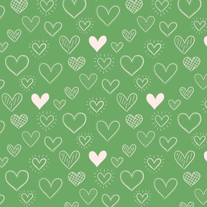 Hand Drawn Doodle Hearts in Green - Large Scale