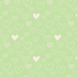 Hand Drawn Doodle Hearts in Light Green - Large Scale