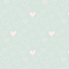 Hand Drawn Doodle Hearts in Mint Green - Large Scale