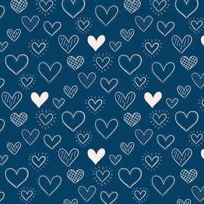 Hand Drawn Doodle Hearts in Navy Blue - Large Scale