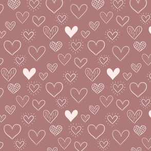 Hand Drawn Doodle Hearts in Rosy Brown - Large Scale