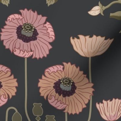 Art Nouveau Poppies - dark and moody damask with hellebore, roses, artichoke flower and milk thistle - olive green, pink and gold on charcoal grey - jumbo