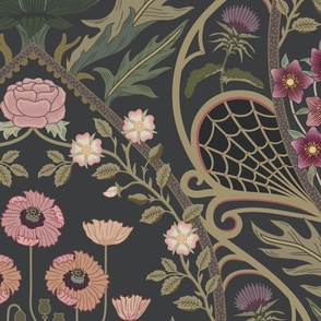 Art Nouveau Poppies - dark and moody damask with hellebore, roses, artichoke flower and milk thistle - olive green, pink and gold on charcoal grey - jumbo