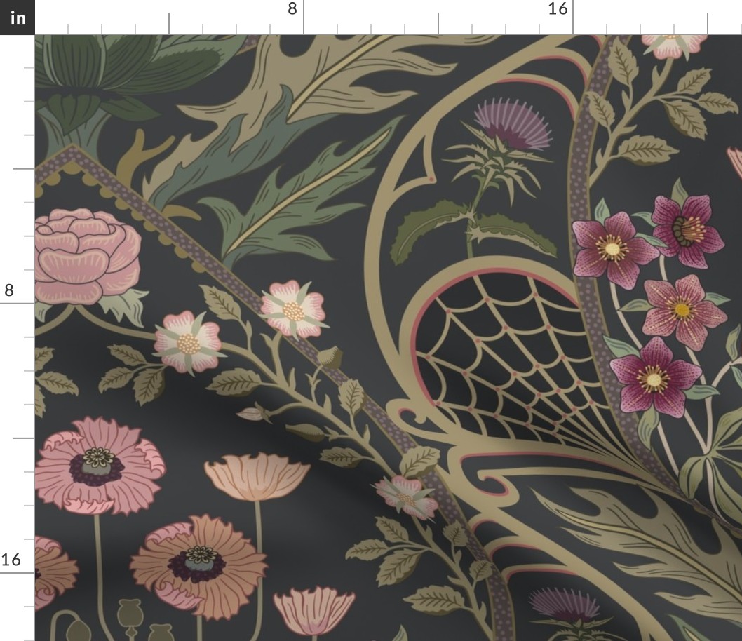 Art Nouveau Poppies - dark and moody damask with hellebore, roses, artichoke flower and milk thistle - olive green, pink and gold on charcoal grey - jumbo