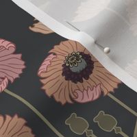 Art Nouveau Poppies - dark and moody damask with hellebore, roses, artichoke flower and milk thistle - olive green, pink and gold on charcoal grey - extra large