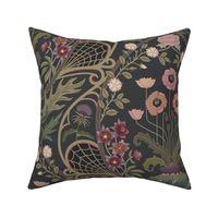 Art Nouveau Poppies - dark and moody damask with hellebore, roses, artichoke flower and milk thistle - olive green, pink and gold on charcoal grey - extra large