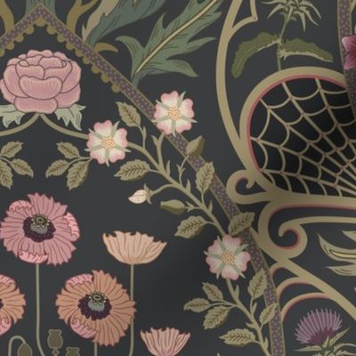Art Nouveau Poppies - dark and moody damask with hellebore, roses, artichoke flower and milk thistle - olive green, pink and gold on charcoal grey - large