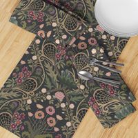 Art Nouveau Poppies - dark and moody damask with hellebore, roses, artichoke flower and milk thistle - olive green, pink and gold on charcoal grey - large